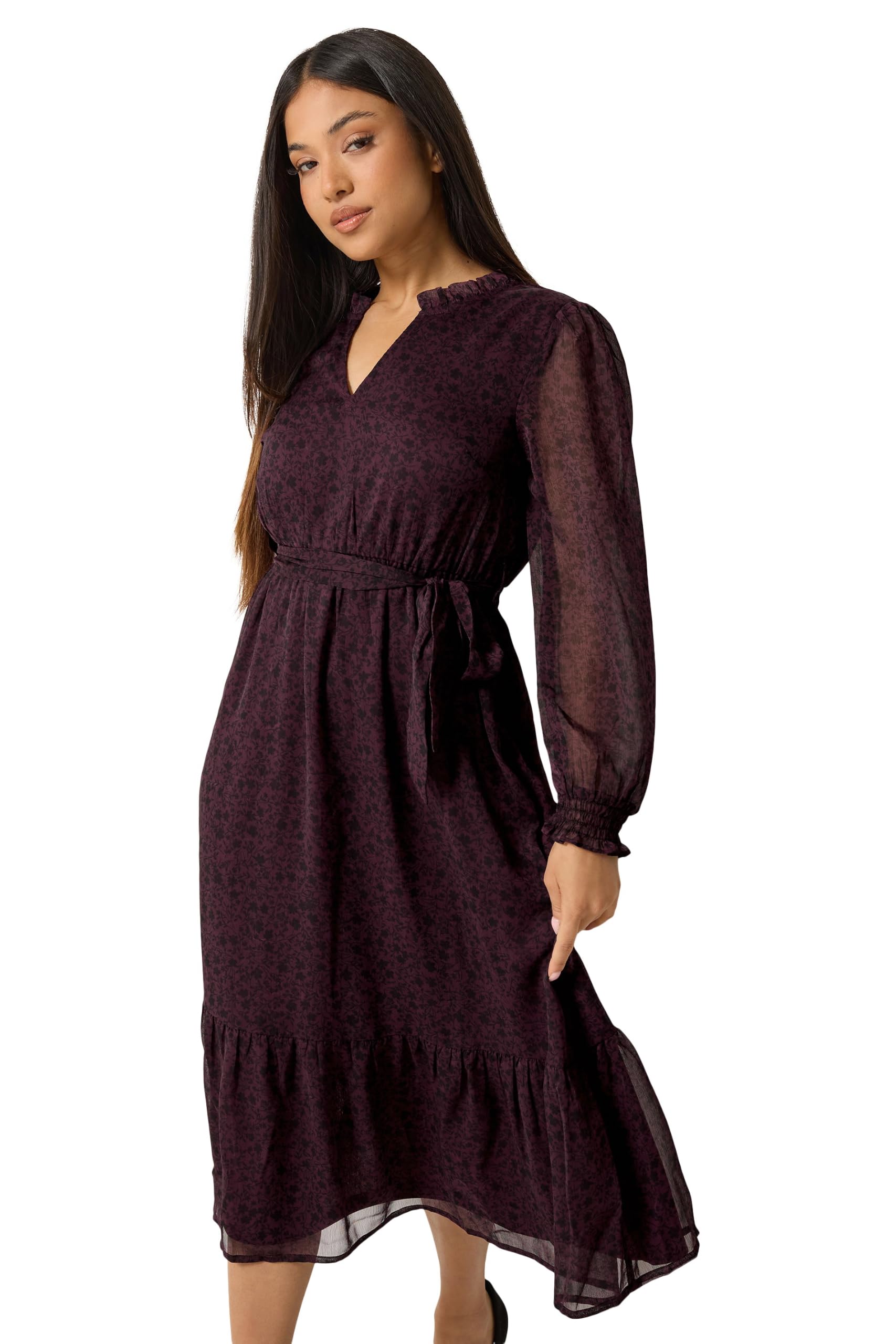 M&Co Women's Purple Petite Ditsy Floral Ruffle Midi Dress