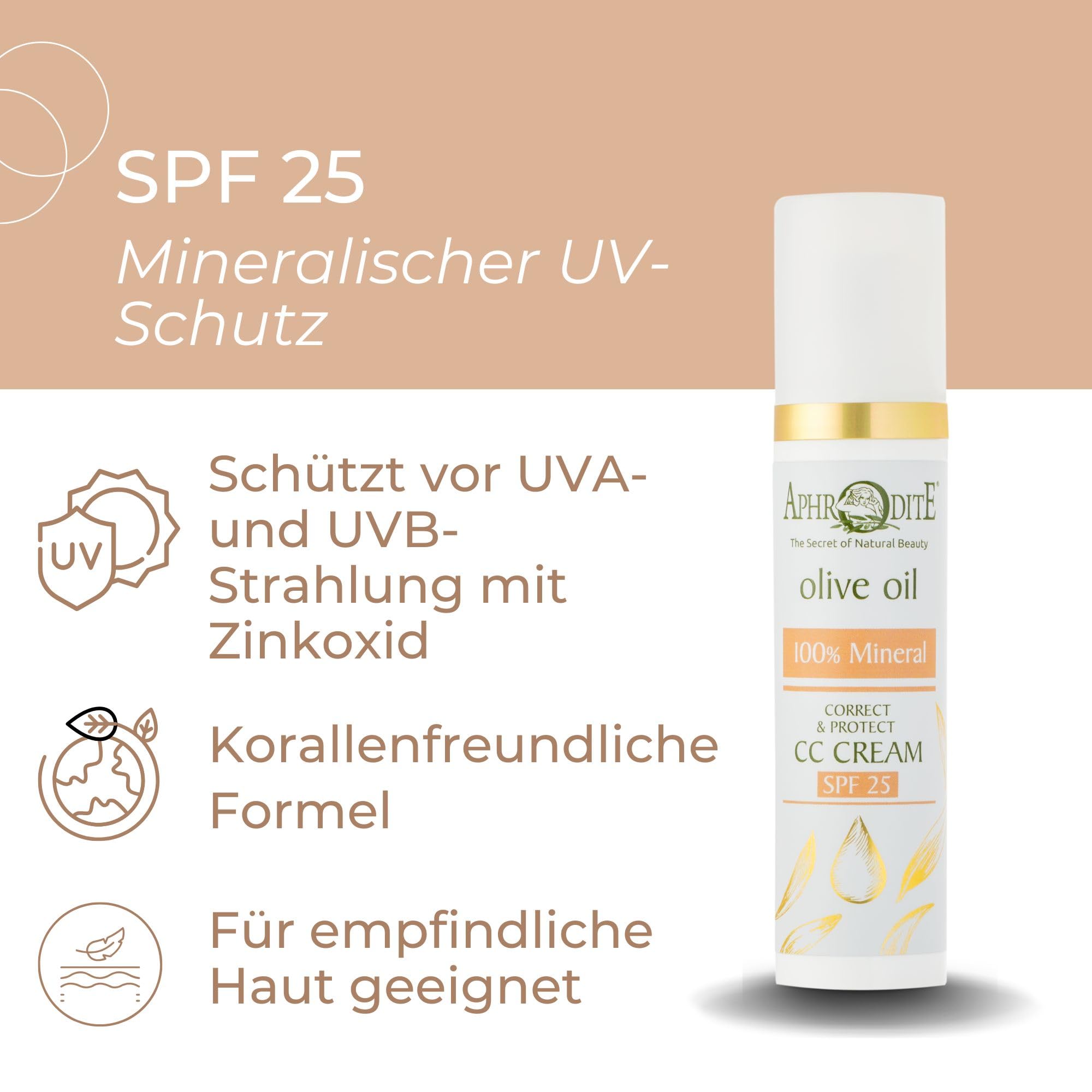 Aphrodite 100% Mineralische Correct & Protect CC Creme (50 ml) SPF 25 mit feuchtigkeitsspendender Abdeckung – Natürliche Mineralformel – Riff-sicher – Für empfindliche Haut