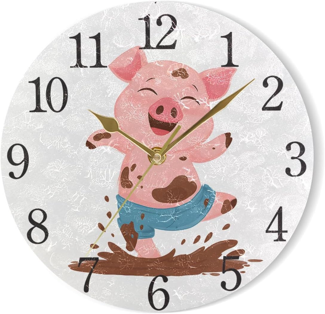 SUABO Piggy Wall Clock Arabic Numerals Design Pig Jumping A Dirty Pool Round Wall Clock for Living Room Bathroom Home Decorative