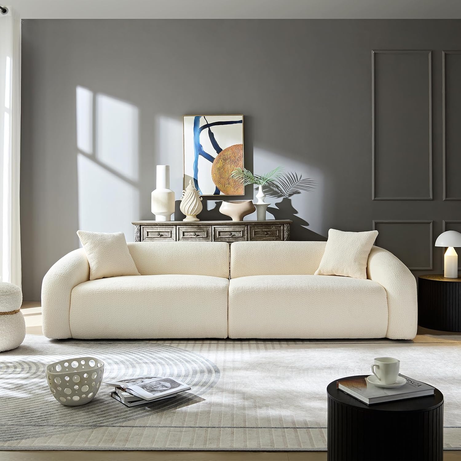 103" Curved Sofa Modern Couch, Luxury 3 Seater Minimalist Sofas, Upholstered Boucle Loveseat Modular Sectional Couches for Living Room Apartment Office, No Assembly Required, Beige