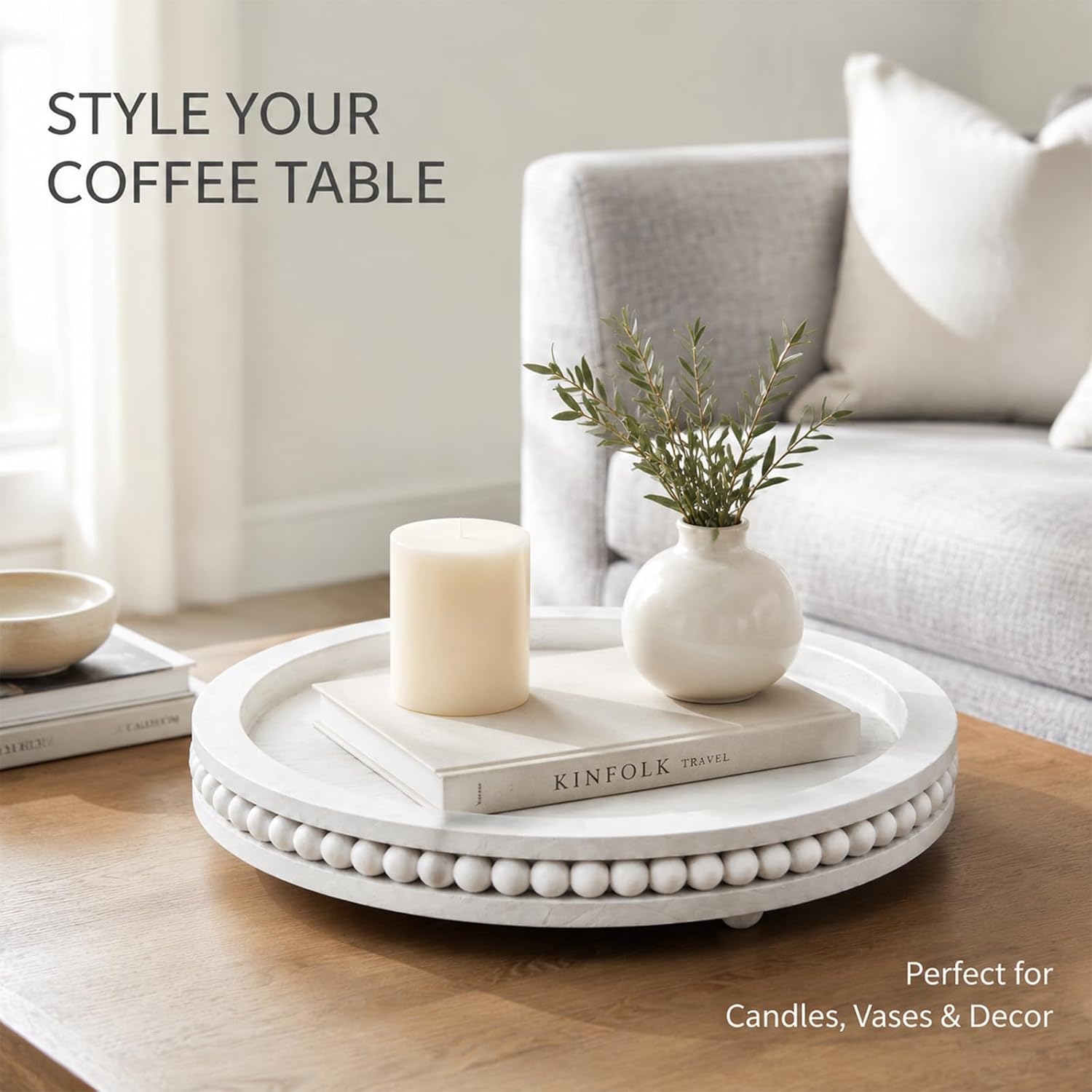 12" Round Wood Decorative Tray, Distressed Candle Plate Holder Tray, Rustic Farmhouse Coffee Table Decor, Vintage Table Centerpiece for Coffee Table Kitchen Living Room Bathroom, White