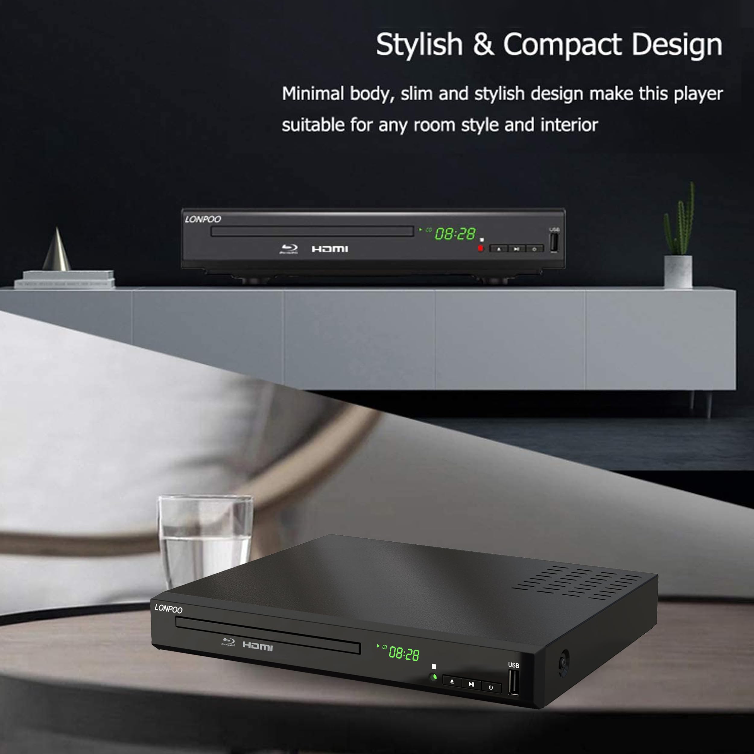 Lecteur Blu-Ray DVD pour Téléviseur - 1080P HD DVD Lecteur Bluray avec Sortie HDMI/Coaxiale/RCA (câble HDMI et AV Inclus), Entrée USB, Bluray Région B/2, Télécommande (LP-100)