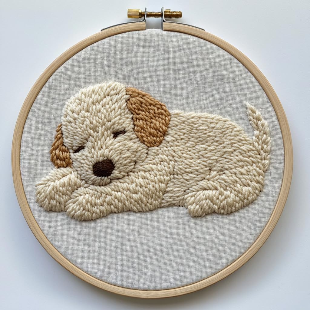 Punch Needle Kit for Beginners, Punch Stitching Kit for Adults, Needle Punch Kits for Adults, Puppy Sleeping on The Ground DIY Embroidery Set