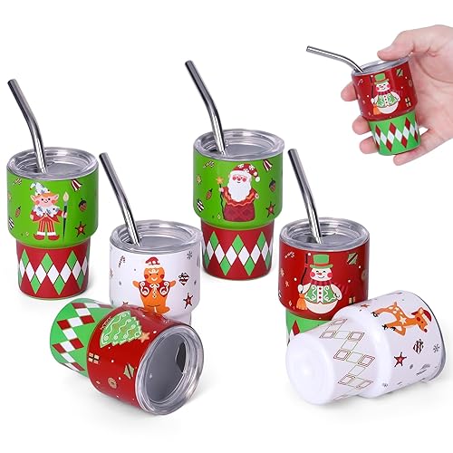 LSBIYUTEFO Mini Shot Glasses with Lids and Straws, 3 oz Cute Christmas Style Stainless Steel Insulated Sublimation Tumbler Cup for Drink Cocktail Bar Beach Party Gift