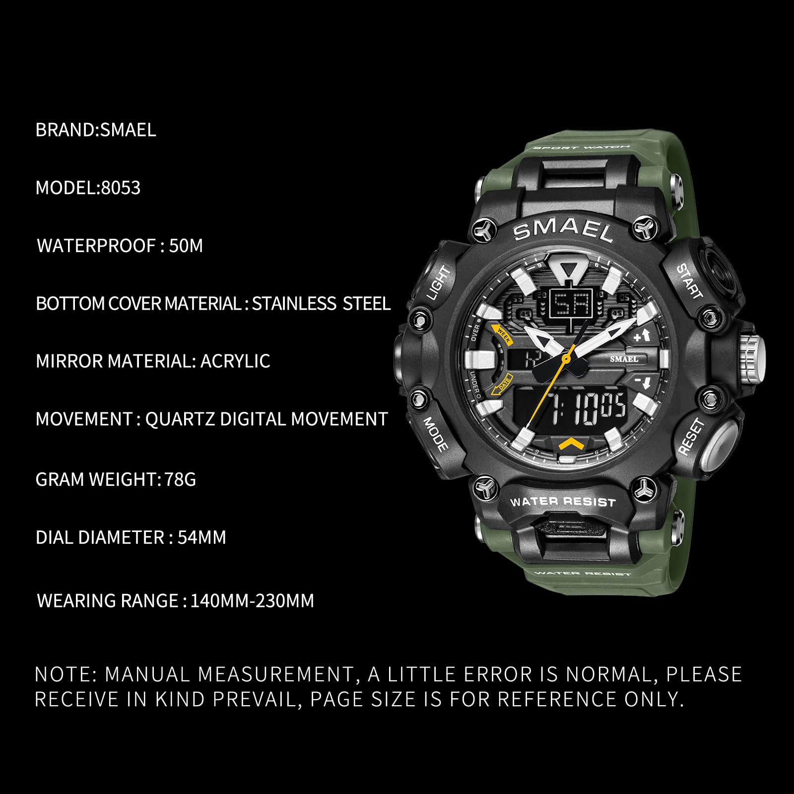 SMAEL 8053 Reloj deportivo digital para hombre con diseño elegante, funciones multifuncionales y cronometraje fiable (verde militar), Verde militar.