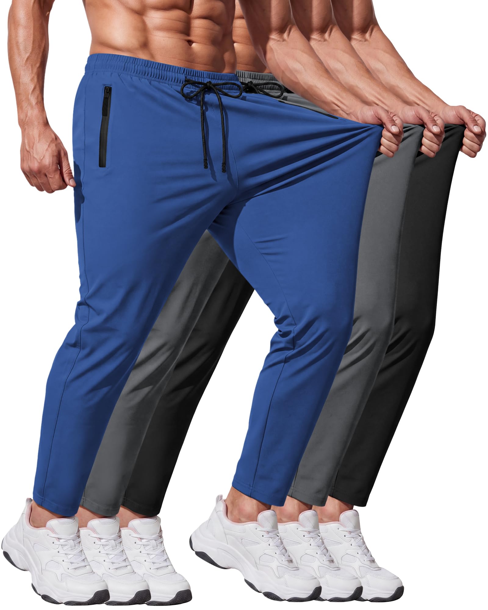 3 Pack Men Quick Dry Sweatpants Lightweight Active Pants Running Gym Jogger Pants Outdoor Water Resistant Zip Up Pocket