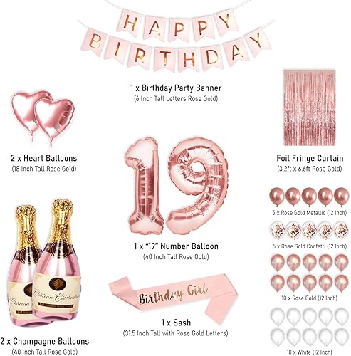 Miniatura 2 de Decoraciones de fiesta de cumpleaños número 19, suministros de oro rosa, juego grande para mujeres y niñas con globos de feliz cumpleaños y globo de