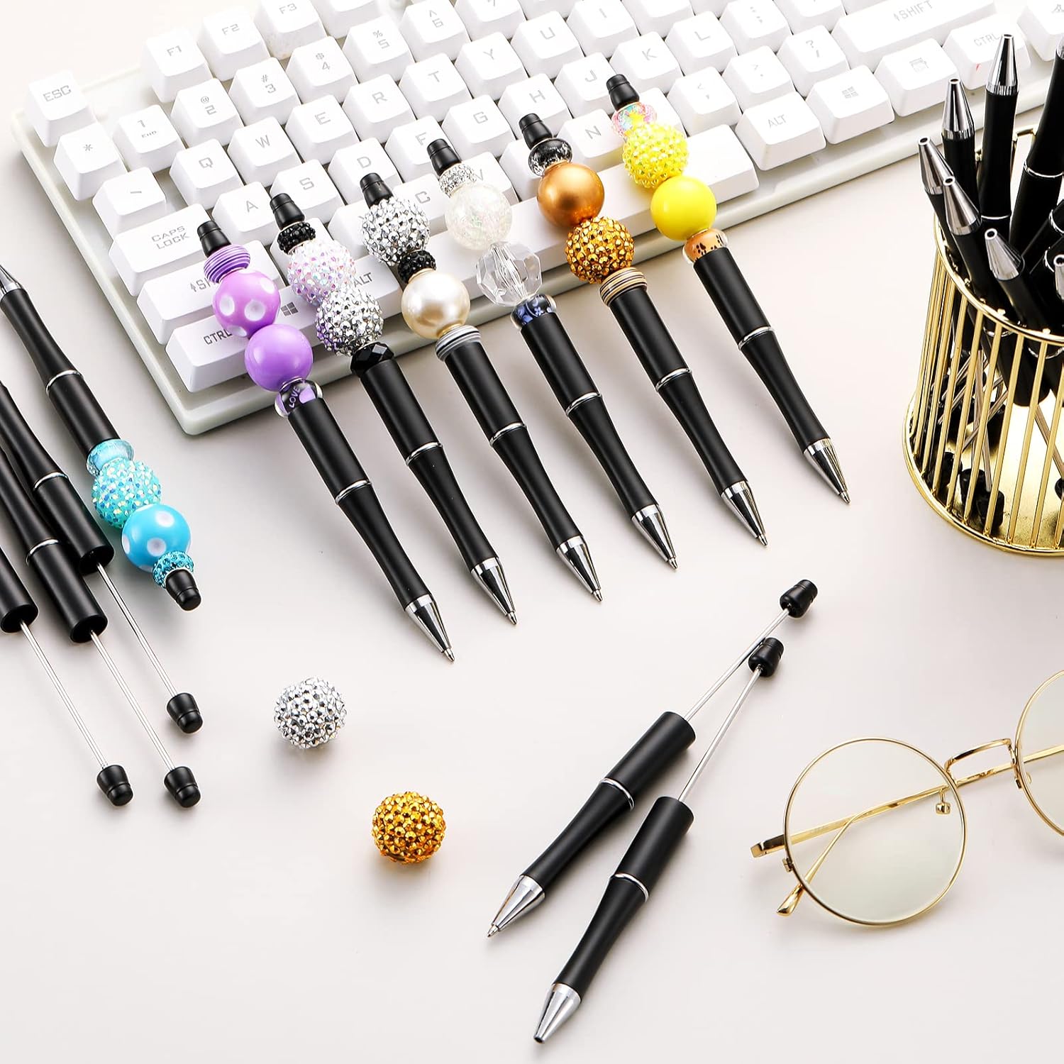 Crtiin 100 Pieces DIY Beadable Pen Bulk Kit 50 Bead Ballpoint Shaft Black Ink Beaded Pens with 50 Refills, School Supplies, Office Accessories, Decorative Items for Students Teachers(Black)