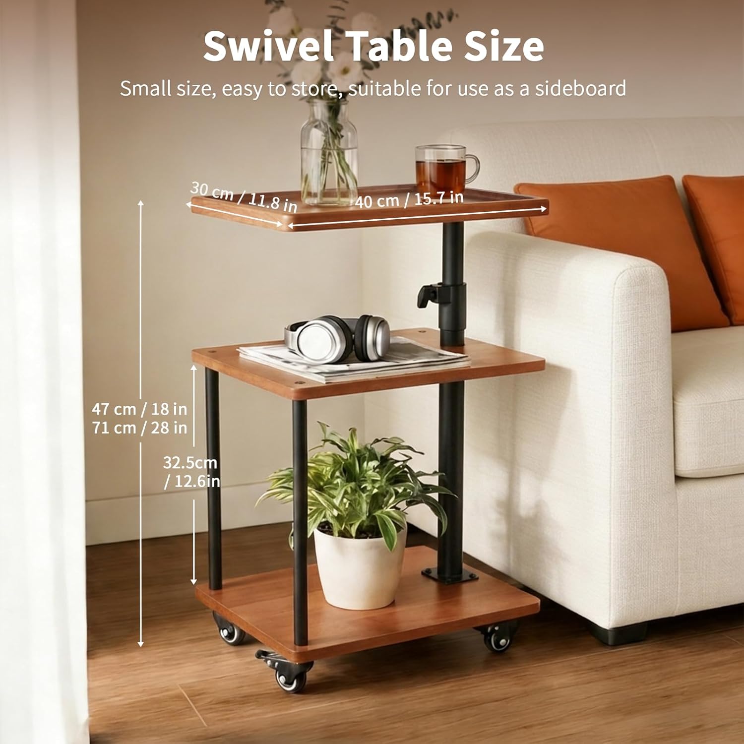 Swivel Side Table for Small Spaces, Adjustable Height End Table for Different Seating Types, Rolling Casters for Easy Mobility, Ideal for Couch, Recliner and Living Room, Natual Solid Wood
