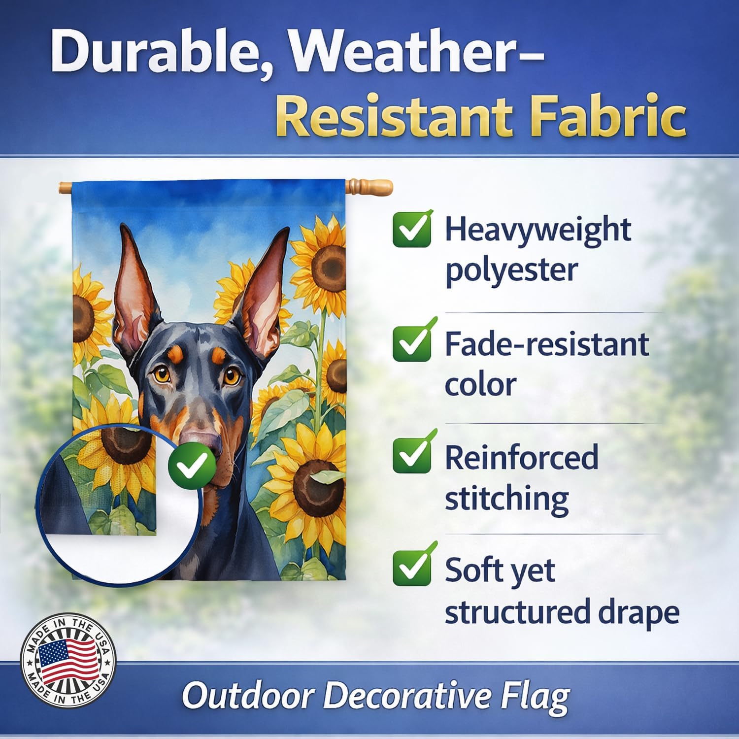 Caroline's Treasures DAC6068CHF Doberman Pinscher in Sunflowers House Flag Large Porch Sleeve Pole Decorative Outside Yard Banner Artwork Wall Hanging, Polyester, House Size, Multicolor