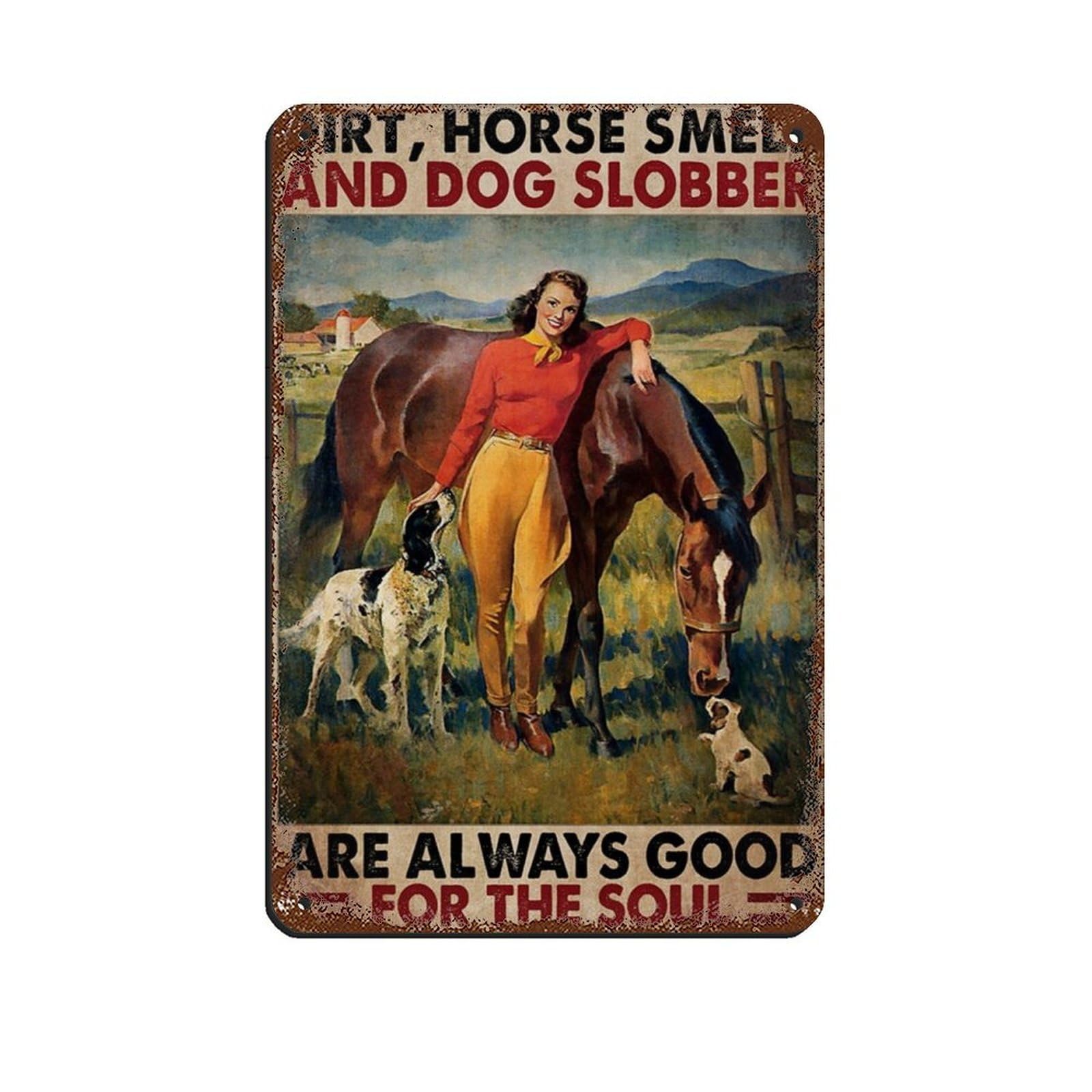 A Girl With Her Horse And Dog Poster Retro Poster Metal Tin Sign Chic Art Retro Iron Painting Bar People Cave Cafe Family Garage Poster Wall Decoration 8x12inch(20x30cm)
