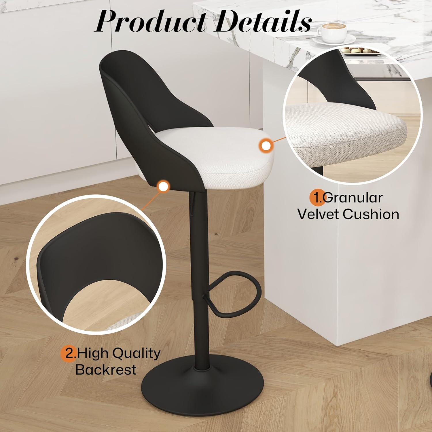 Modern Barstools Set of 3, Height Adjustable Swivel Counter Bar Stool with Hollowed-Out PP Back, Upholstered Bar Chair with Black Metal Base Footrest, Black Back