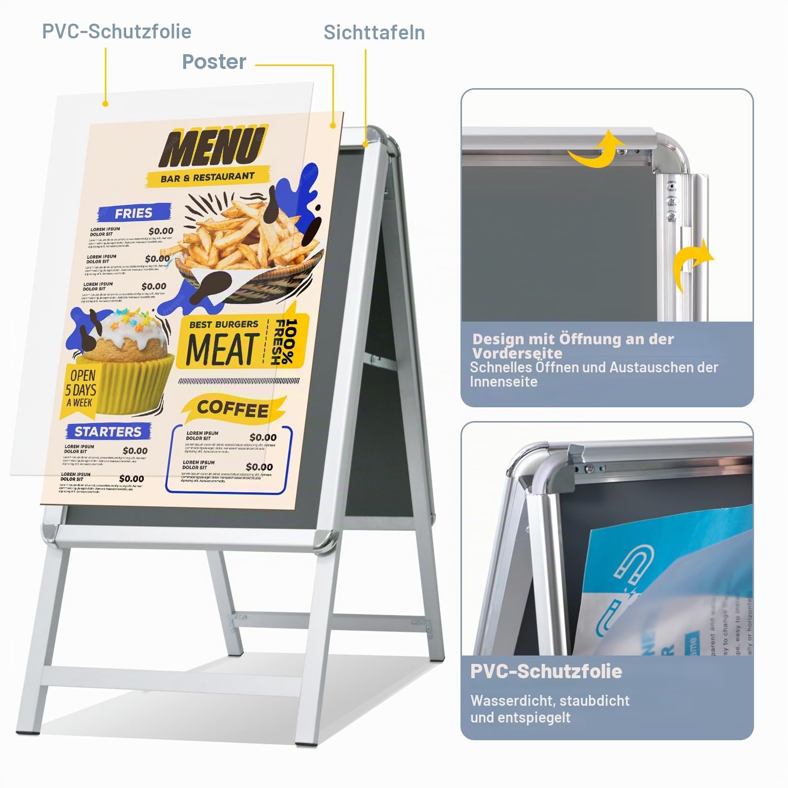 Gehweg-Schilderrahmen mit doppelseitigem Display, A-Board, Posterständer und Schilderhalter für Werbung (Silber-A1)