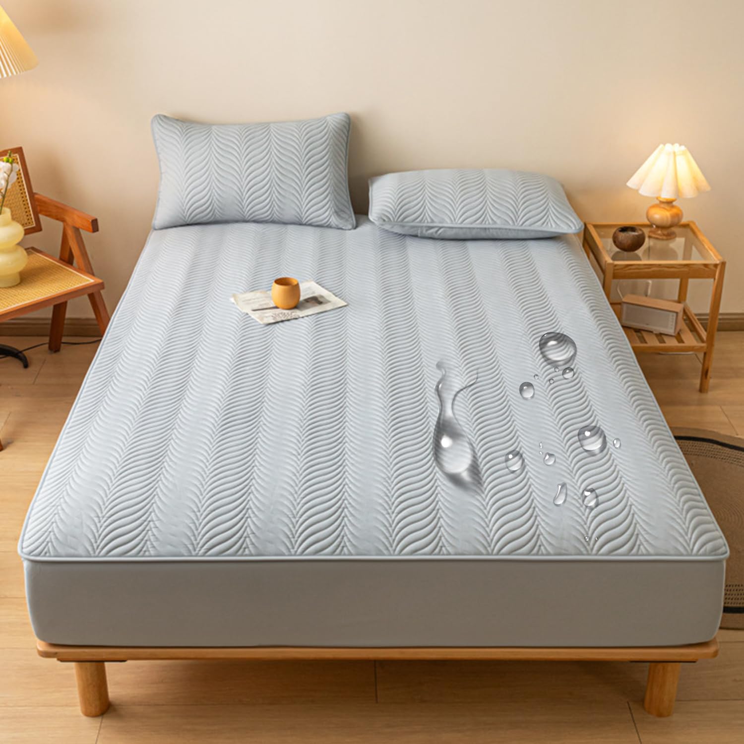 Prześcieradło z gumką Queen Size z głęboką kieszenią Wodoodporny ochraniacz na materac pikowany ochraniacz na materac Odświeżający ochraniacz na materac King Size Pełne owinięcie, niebieski,