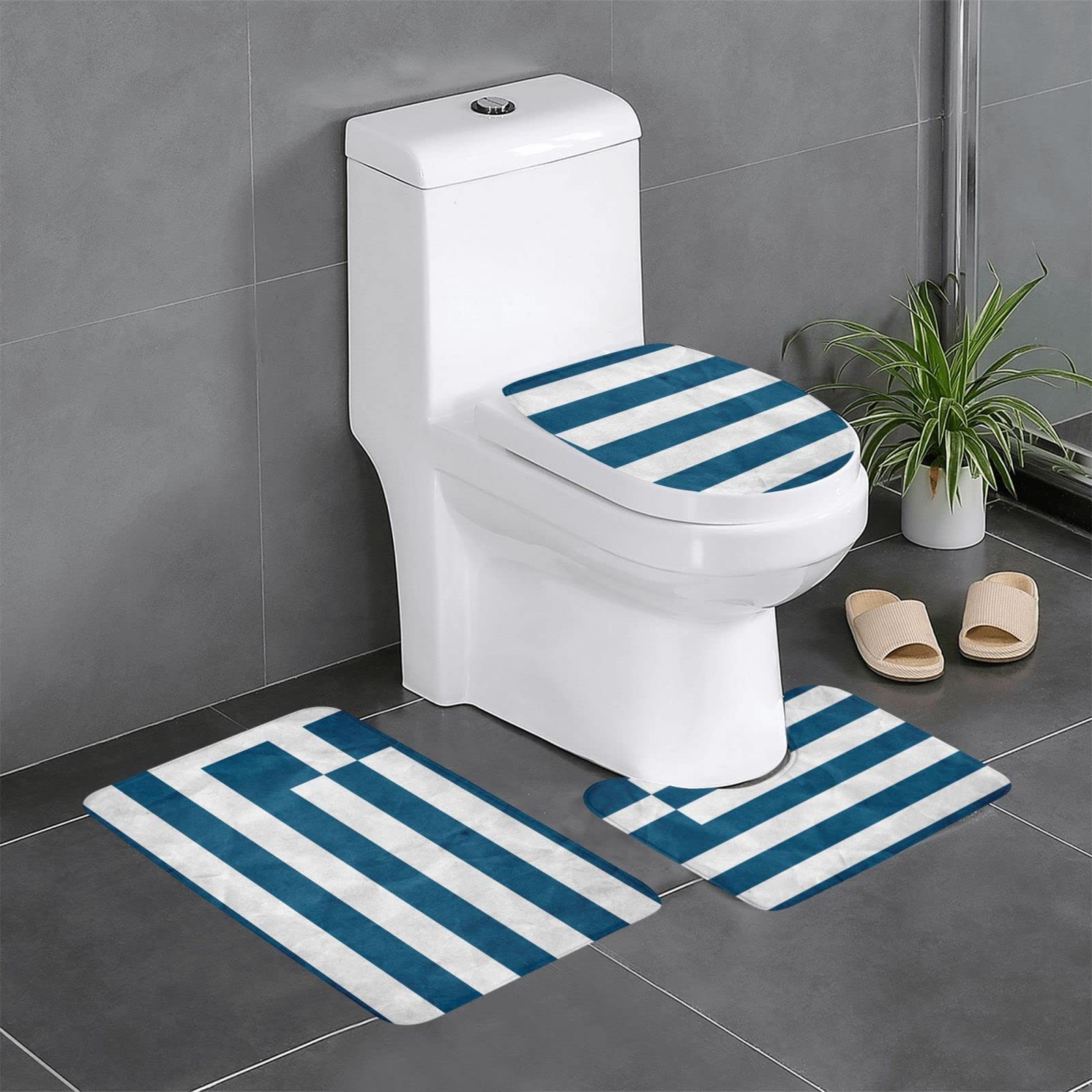 Tapis de salle de bain bleu et blanc motif grec pour votre douche