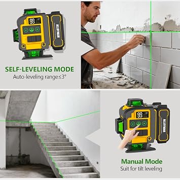 Alloyman 4x360Self Leveling Laser Level, 12 Ft./3.7M Professional Laser Level Pole with Tripod, Green Line Lazer Leveler Tool with 2* Li-ion Batteries for Picture Hanging, Tile, Home Renovation