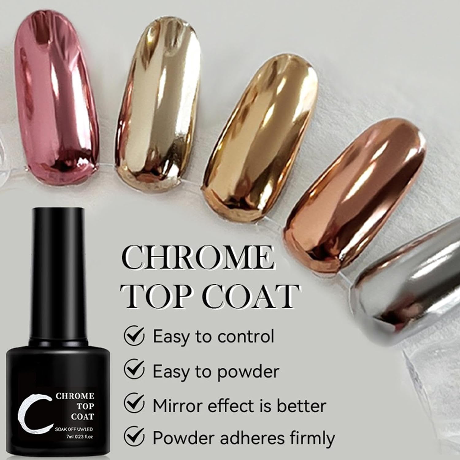 Top Coat for Chrome Powder,7ml Soak Off UV Lamp Gel - Nail Top Coat - for Women Girls Professionals Home Salon Art Design