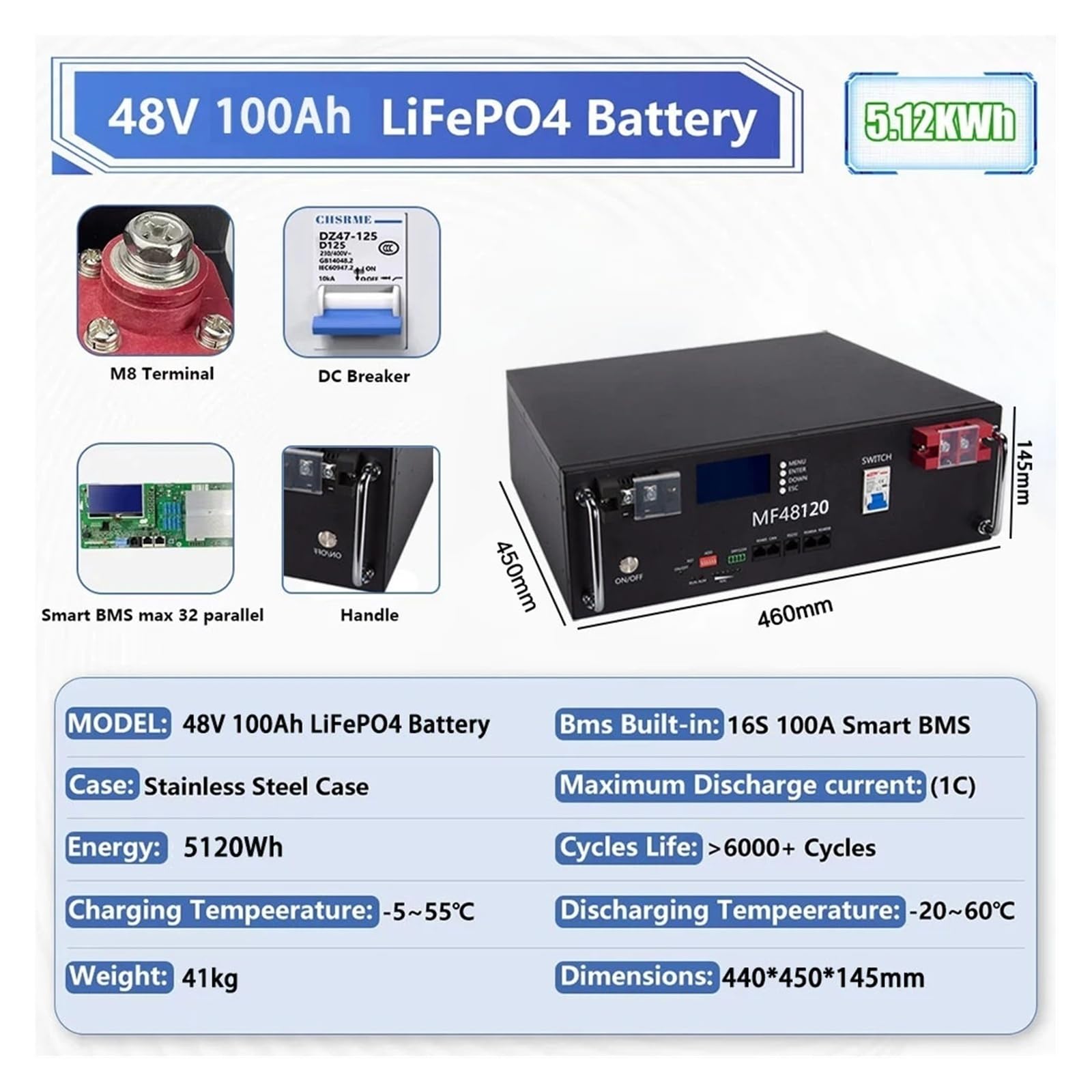 Batería de litio de 48V 100Ah 120Ah 200Ah LiFePO4 construida en los ciclos BMS 6000+ para el hogar RV solar fuera de la red(48V 100Ah-5120Wh)