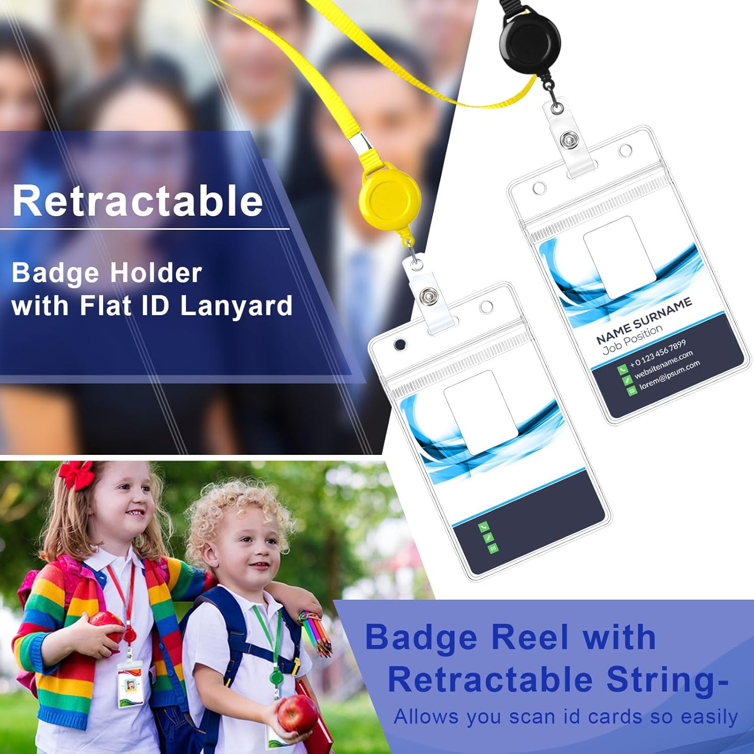 Marspark Lanyard with ID Holders Include Flat Lanyard with Retractable Badge Reel and Clear Vertical Card Name and Badge Holder for Offices ID Driver License (5 Colors,50 Set)