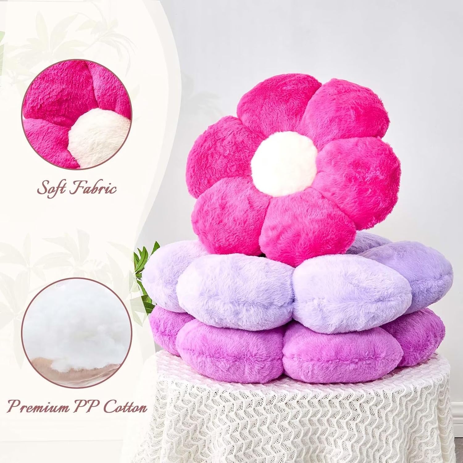 Kcvvcr Hot Pink Flower Pillow, Cute Decorative Flower Shaped Throw Pillow with Faux Rabbit Fur, 19.6" Soft Flower Plush Throw Pillow Floor Pillows Room Décor for Bedroom Living Room