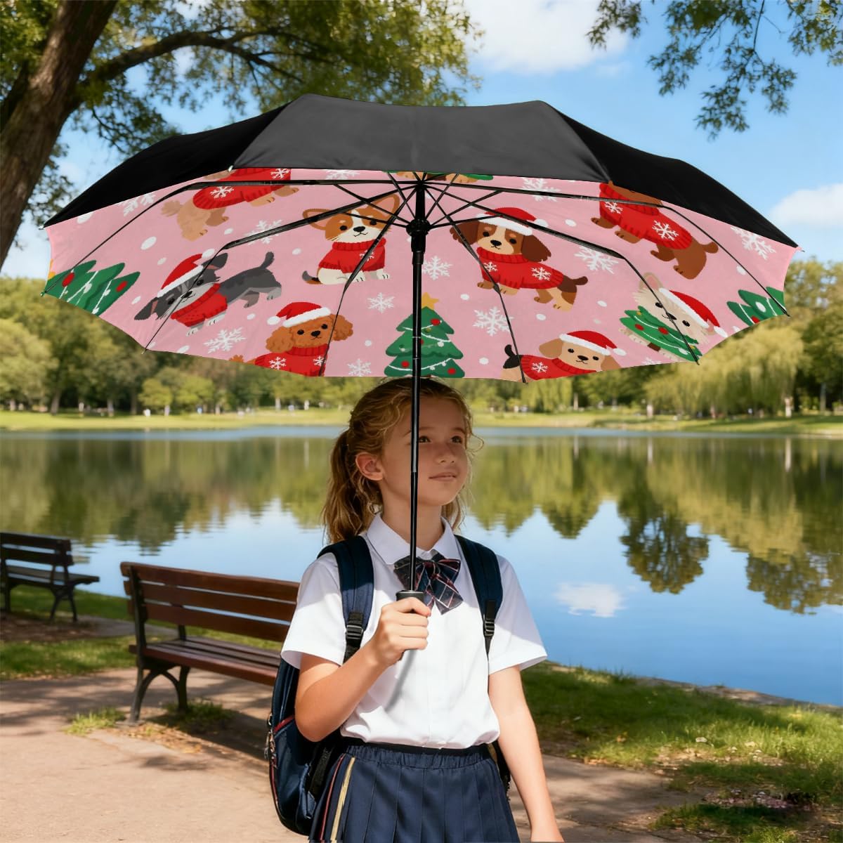 Cute Christmas Dogs Snowflake Folding Umbrella Windproof Compact Lightweight Travel Umbrella with 8 Reinforced Ribs, Portable UV Sun & Rain Protection for Men & Women