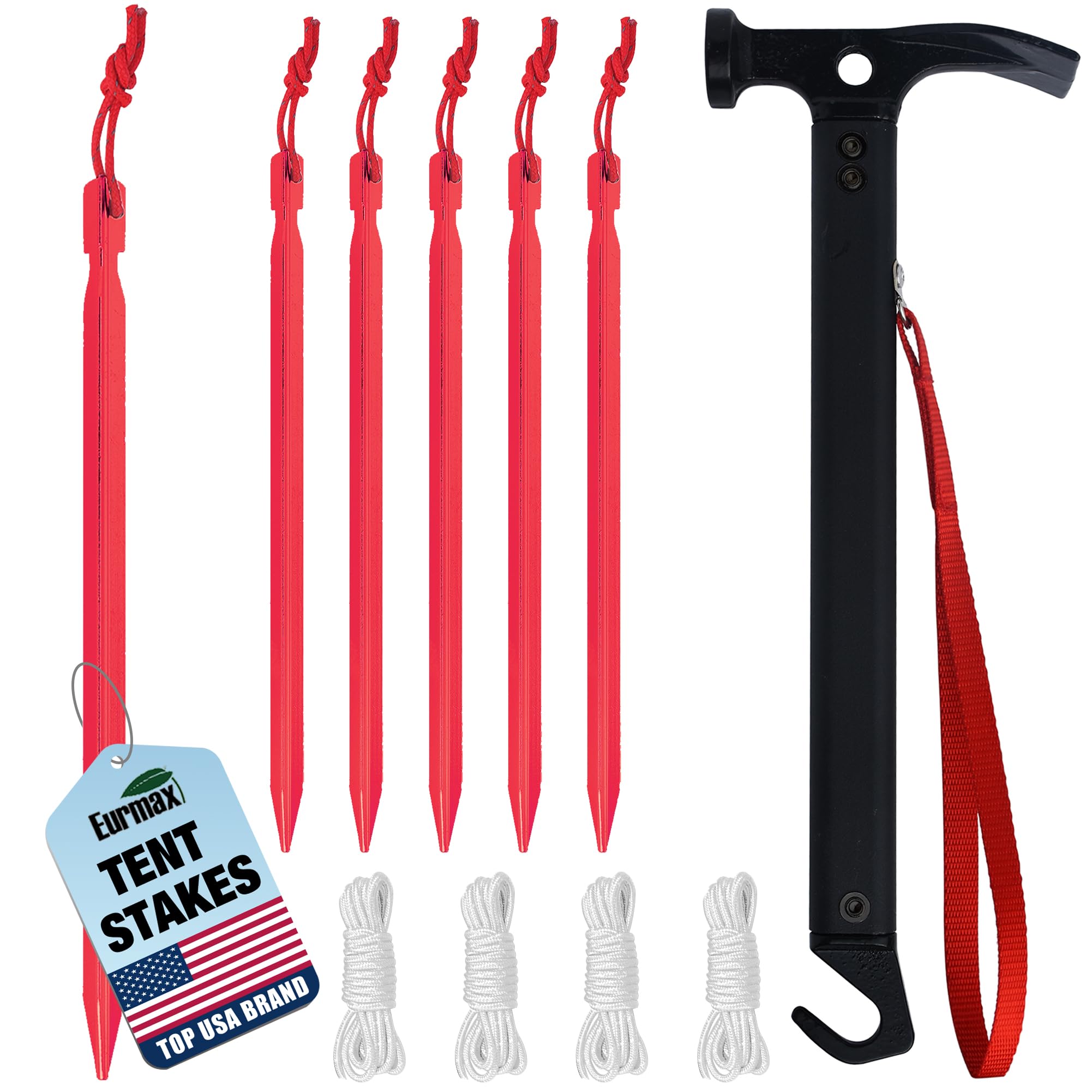 Eurmax USA Hiking Camping Tent Stakes and Hammer Set Lightweight Multi-Function Tent Hammer with Tent Stake Remover,Tent Pegs for Camping, Hiking, Backpacking, Gardening(Red Stakes)