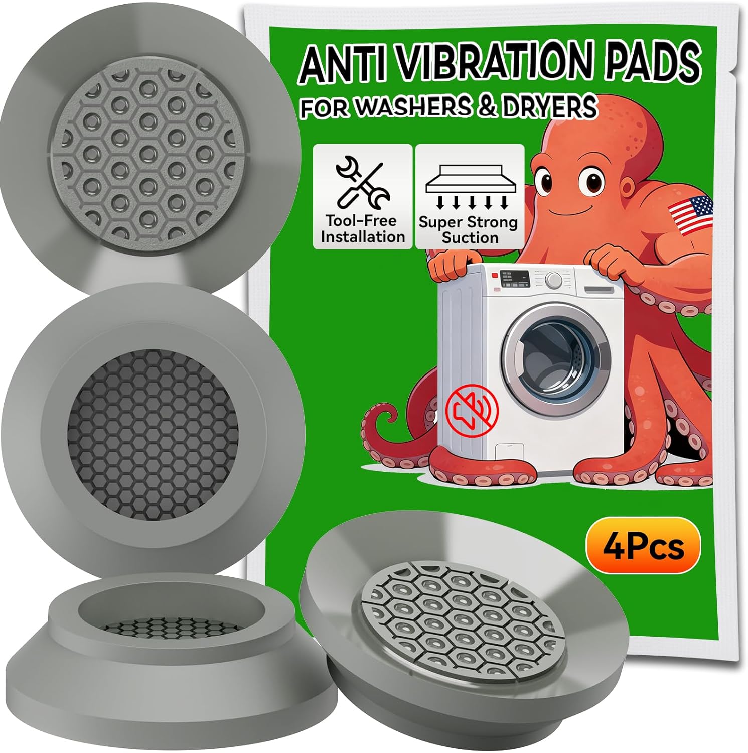 Anti Vibration Pads for Washer with Powerful Sucker,Washing Machine Vibration Absorber,Washer and Dryer Stand,Stops Washer Dryer from Moving Prevents Noise, Washing Machine Stand |Grey,8pcs|