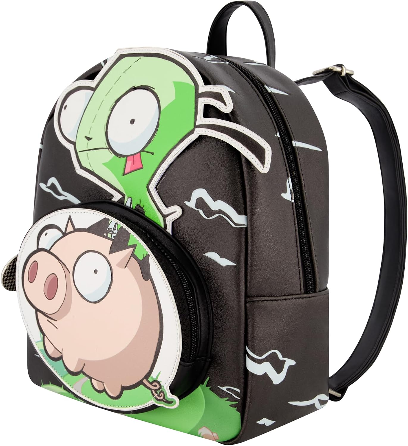 Concept One Invader Zim Mini Backpack, GIR and Pig Small Travel Bag for Men and Women, Adjustable Shoulder Straps, Black, 10 Inch