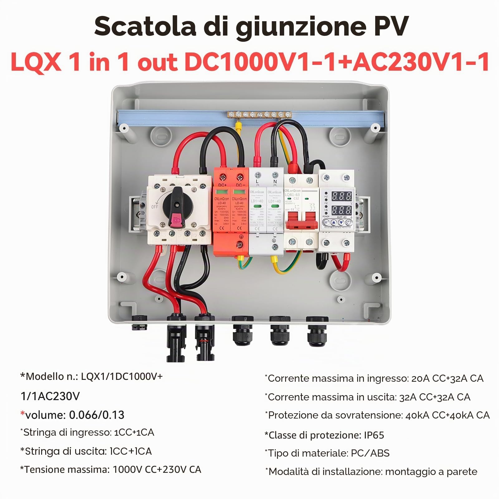 Protezione contro le sovratensioni per impianti fotovoltaici - Scatola di giunzione solare CC 1000V 32A, interruttore di sezionamento con protezione contro le DC 1000 V/AC 230 V Distribution Box