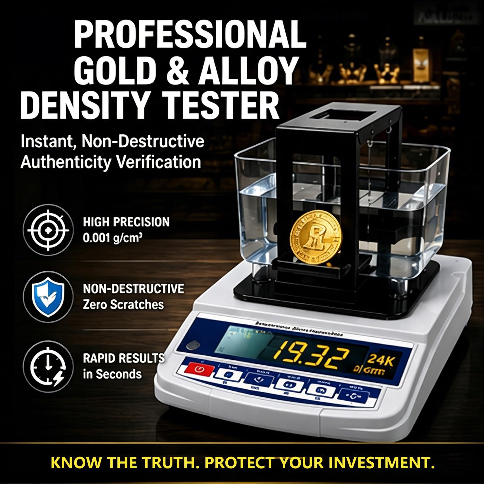 Gold-Testmaschine, zerstörungsfrei, Digitales Edelmetall-Analysegerät für Münzen und Barren, Densimeter 0,001 g/cm³