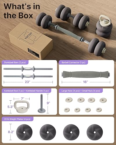 Miniatura 7 de YOTTOY Juego de mancuernas ajustables 3 en 1, pesas rusas de 20 a 40 libras con platos suaves, juego de pesas de gimnasio en casa para entrenamiento