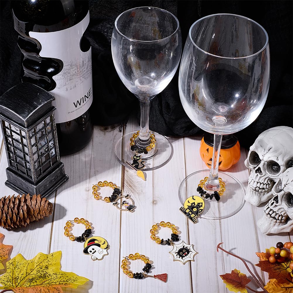 SUNNYCLUE 1 Box 6pcs Holiday Wine Charms Wine Drink Charms Halloween Cute Ghost Spider Cat Broomstick Drinker Identification Makers Ring Tag Charm for Wine Tasting Party Home Women Decorations - Image 4
