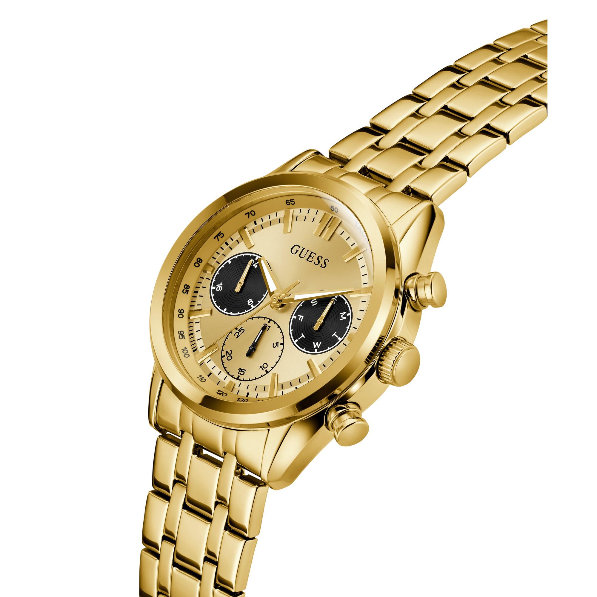 Guess Dawson GW0971G2 - Reloj de Pulsera para Hombre con Fecha, Correa de Acero Inoxidable, Cristal Mineral, Esfera Dorada, 5 Bar, diámetro de la Caja: 44 mm