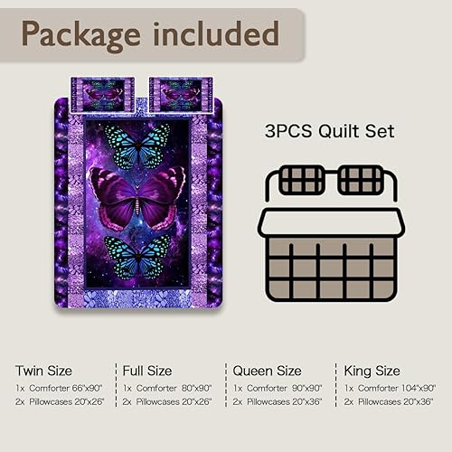 Miniatura 7 de Juego de edredón de mariposa tamaño individual, juego de colcha de mariposa púrpura neón oscuro para amantes de las mariposas, juego de edredón de 3