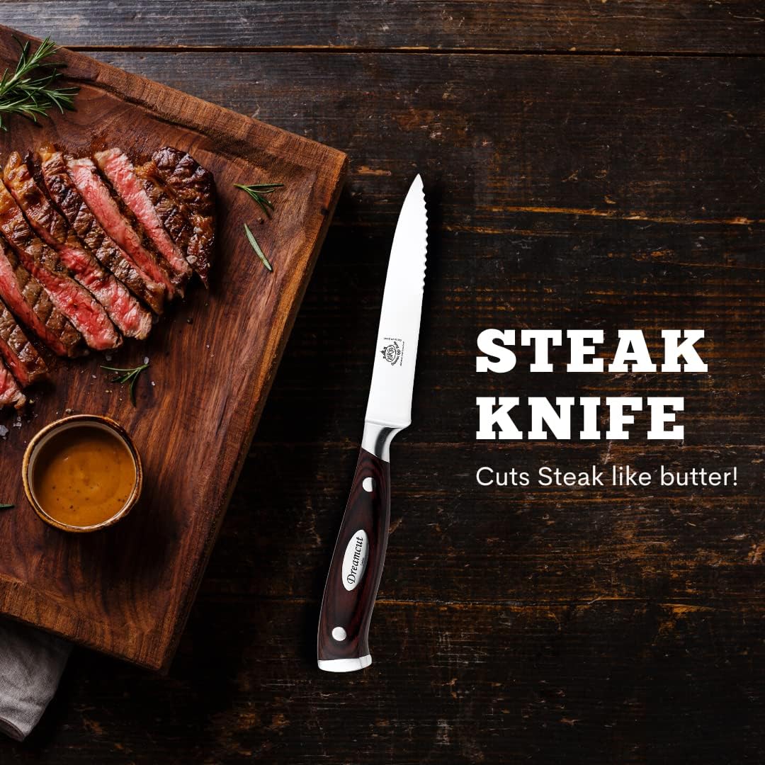 Bavarian Knife Works Set of 6 Steak Knife Plus Knife Block, German Steel Blades, Razor Sharp and Easy to Sharpen, Lightweight with Pakkawood Handles, Essential for Any Steak Lover!