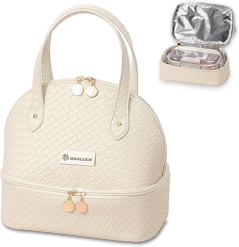 BAKLUCK Bolsa de almuerzo para mujer, bolsa de almuerzo aislada a cuadros de doble cubierta, bolsa de almuerzo de piel sintética, bolsa de almuerzo