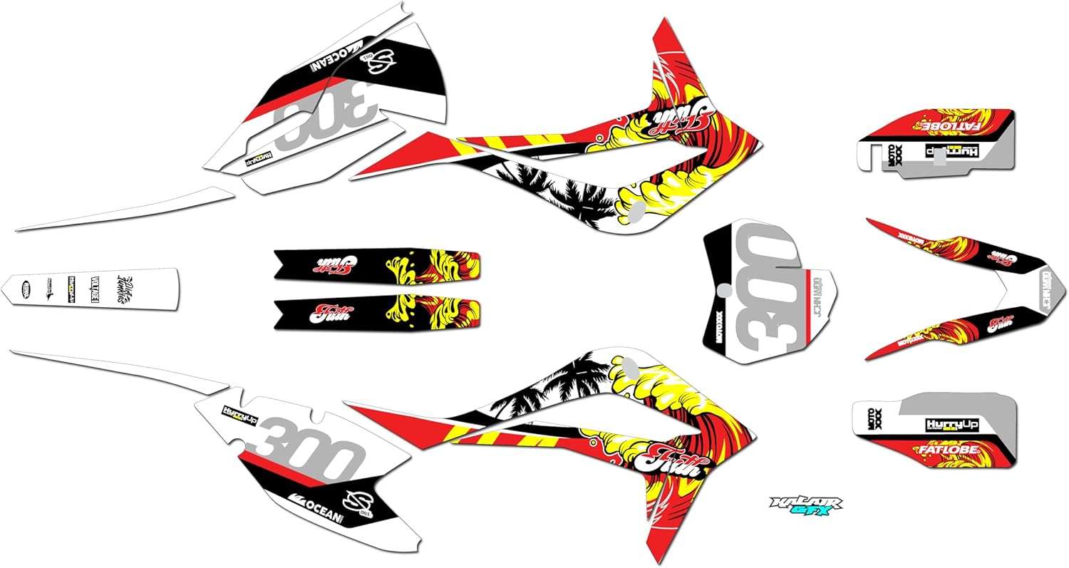 Graphics Kit for Kayo KT 250 Dirt Bike (2021+) SURFS-UP Series Red 09 Mil - Dirt bike Custom Racing Graphics Decals Stickers Kit, no-plastics
