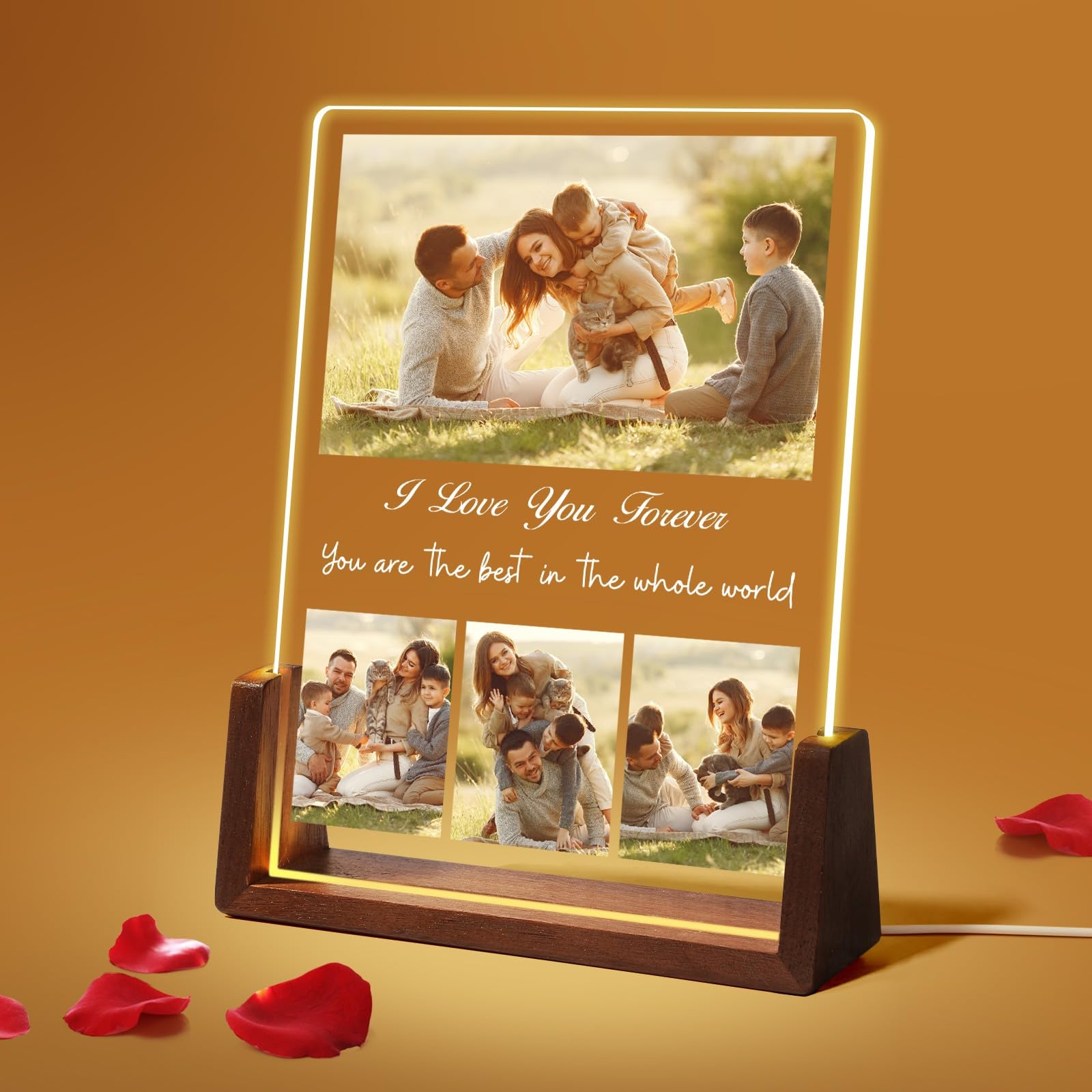 Takezuaa Personalized Birthday Gifts for Adults Kids Pets,Custom Plaque Night Light with Photos for Family Couples,Customized LED Walnut Picture Frame for Christmas Anniversary Wedding,Sty 12