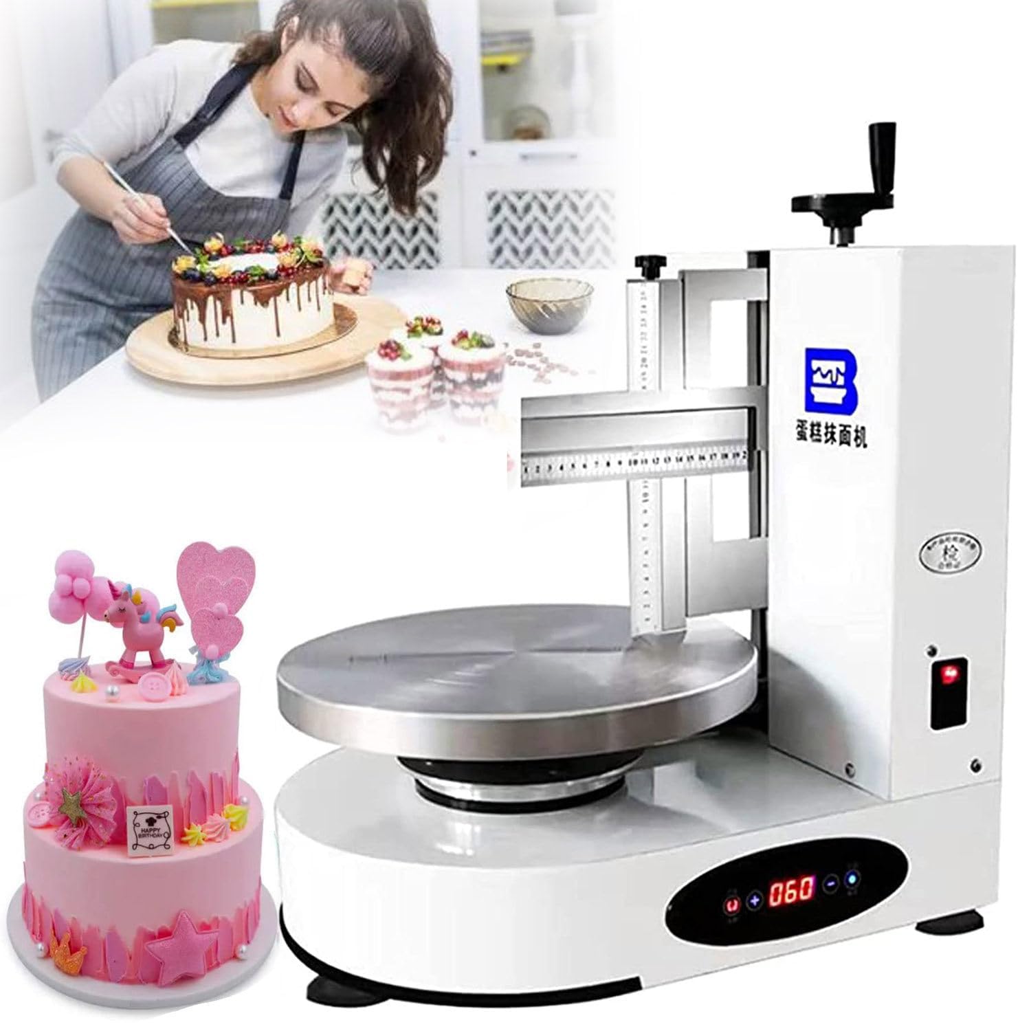 Piatto girevole elettrico per torte, 35 cm, supporto rotante regolabile per torte da 10-30 cm, con spalmatore automatico per glassa e bordo liscio, bianco