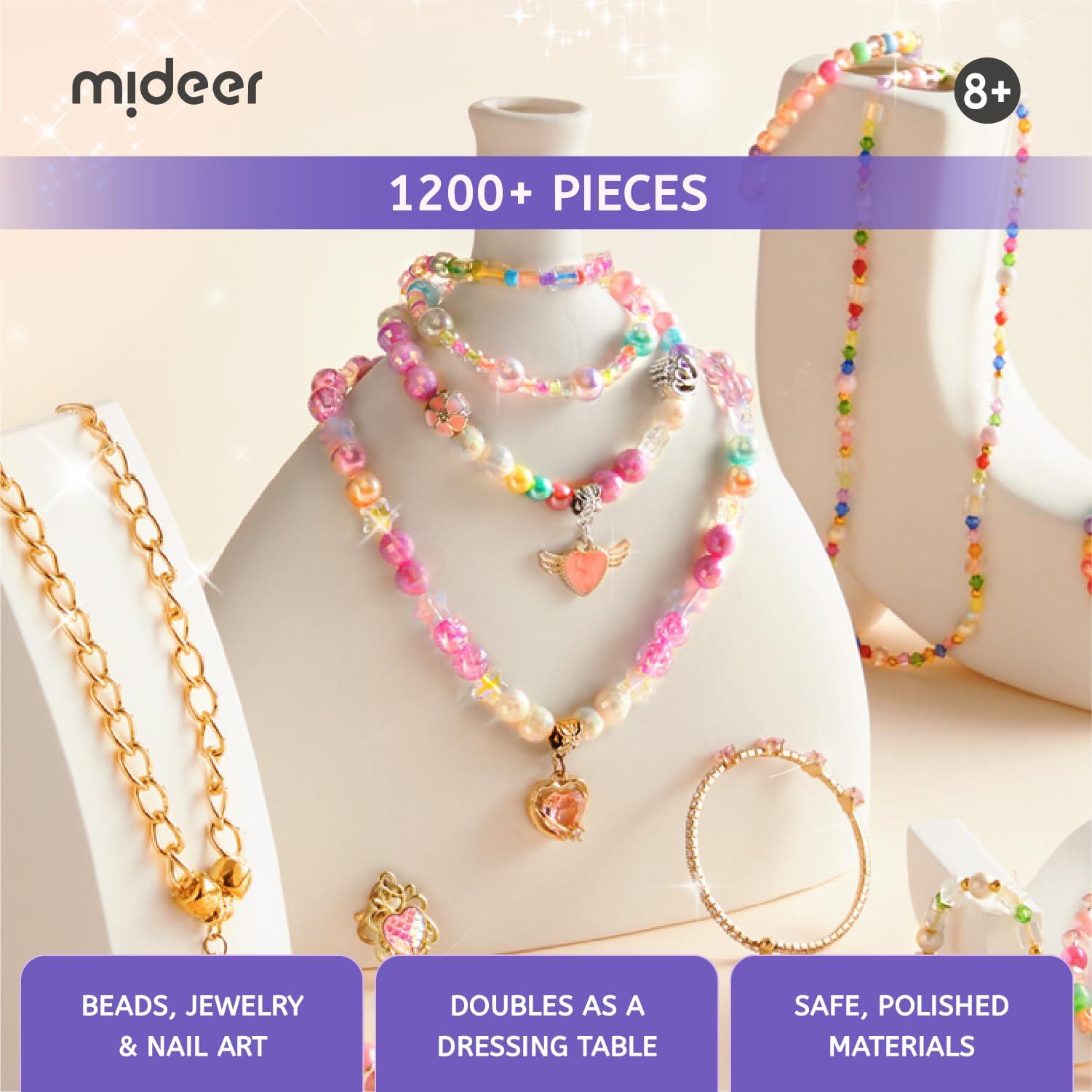 Mideer Boîte au trésor de princesse pour filles - Kit de plus de 1200 bijoux à faire soi-même - Autocollants pour vernis à ongles inclus - À partir de 8 ans