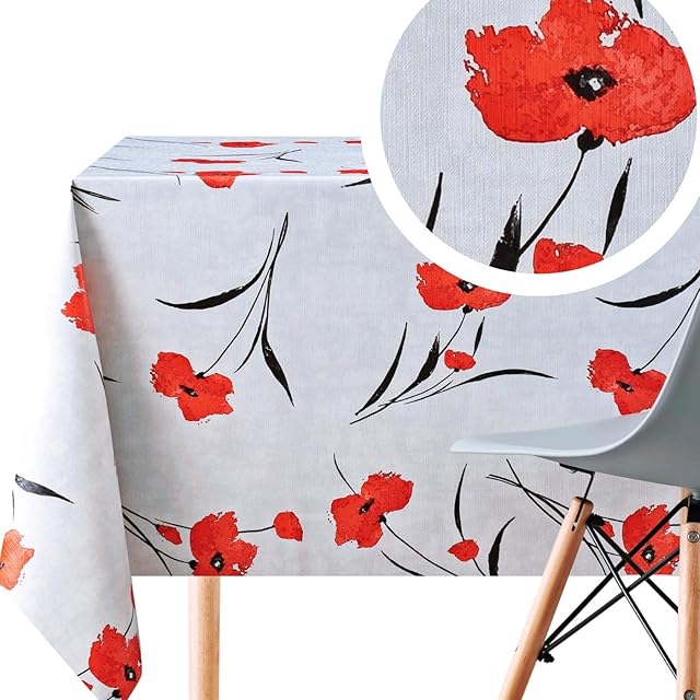 KP HOME PVC Table Cloth Wipe Clean Tablecloth Oilcloth Rectangular 200 x 140 cm Plastic Table Cover In Light Grey With Red Poppies Table Cloth Wipeable With Floral Blossom Poppy Print 78x55 in 6 Seats