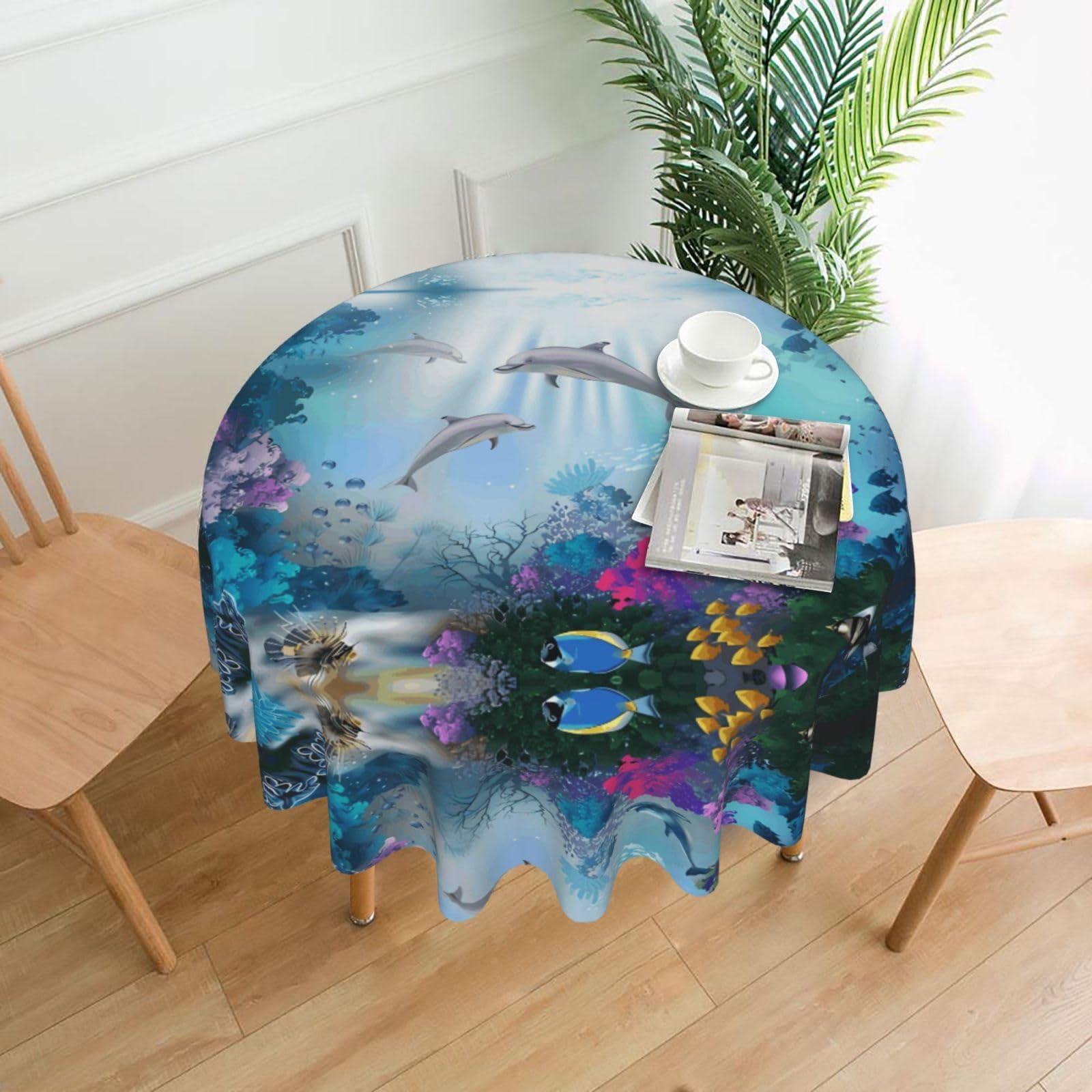 YYHHAOFA Blue Ocean Underwater Fish Prints 60in Round Decorative Tablecloth – High-Grade Polyester Throw Cover for Dining, Parties, and Outdoor Events