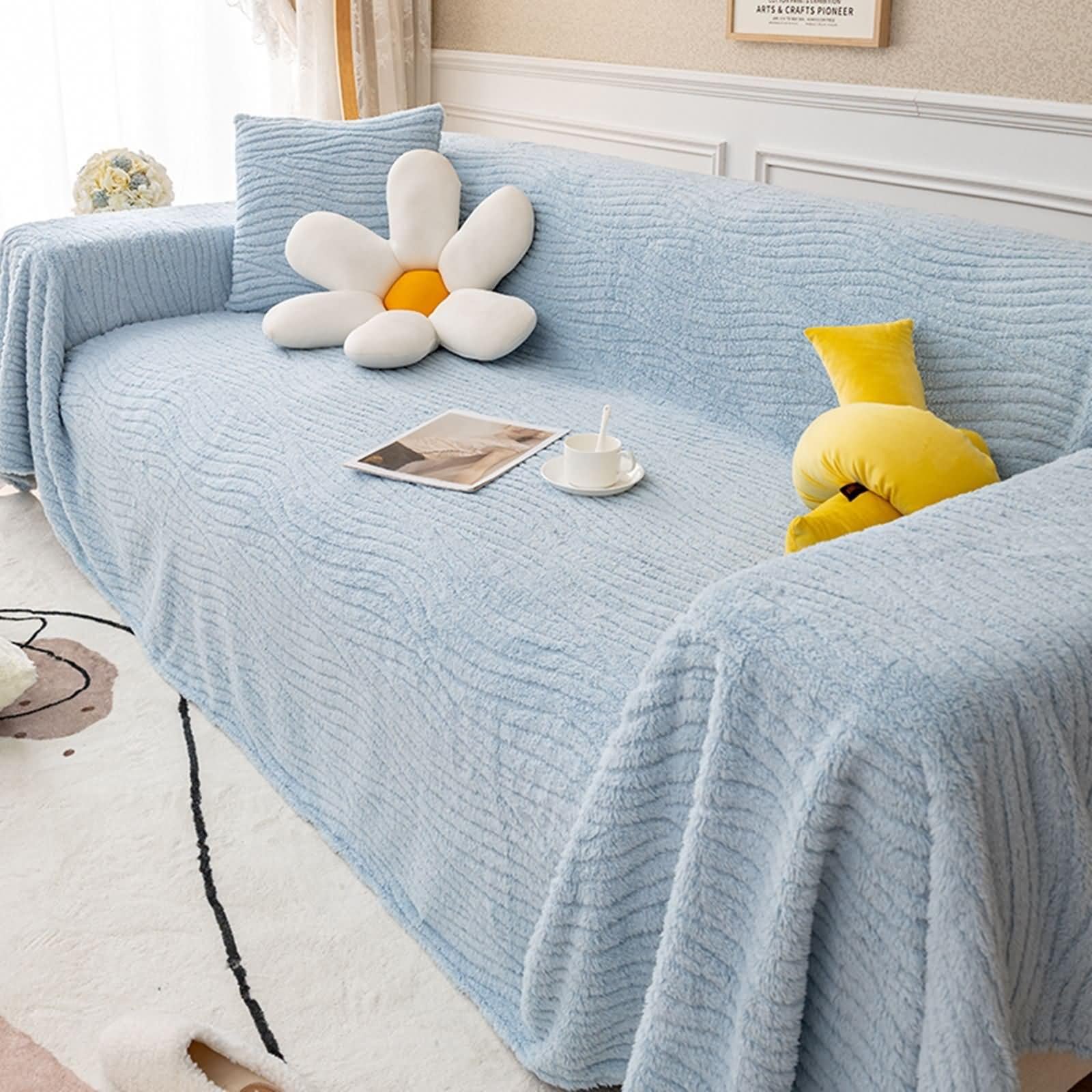 Housse canapé 2 places bleu roi en peluche premium, drapé déco 180x200cm