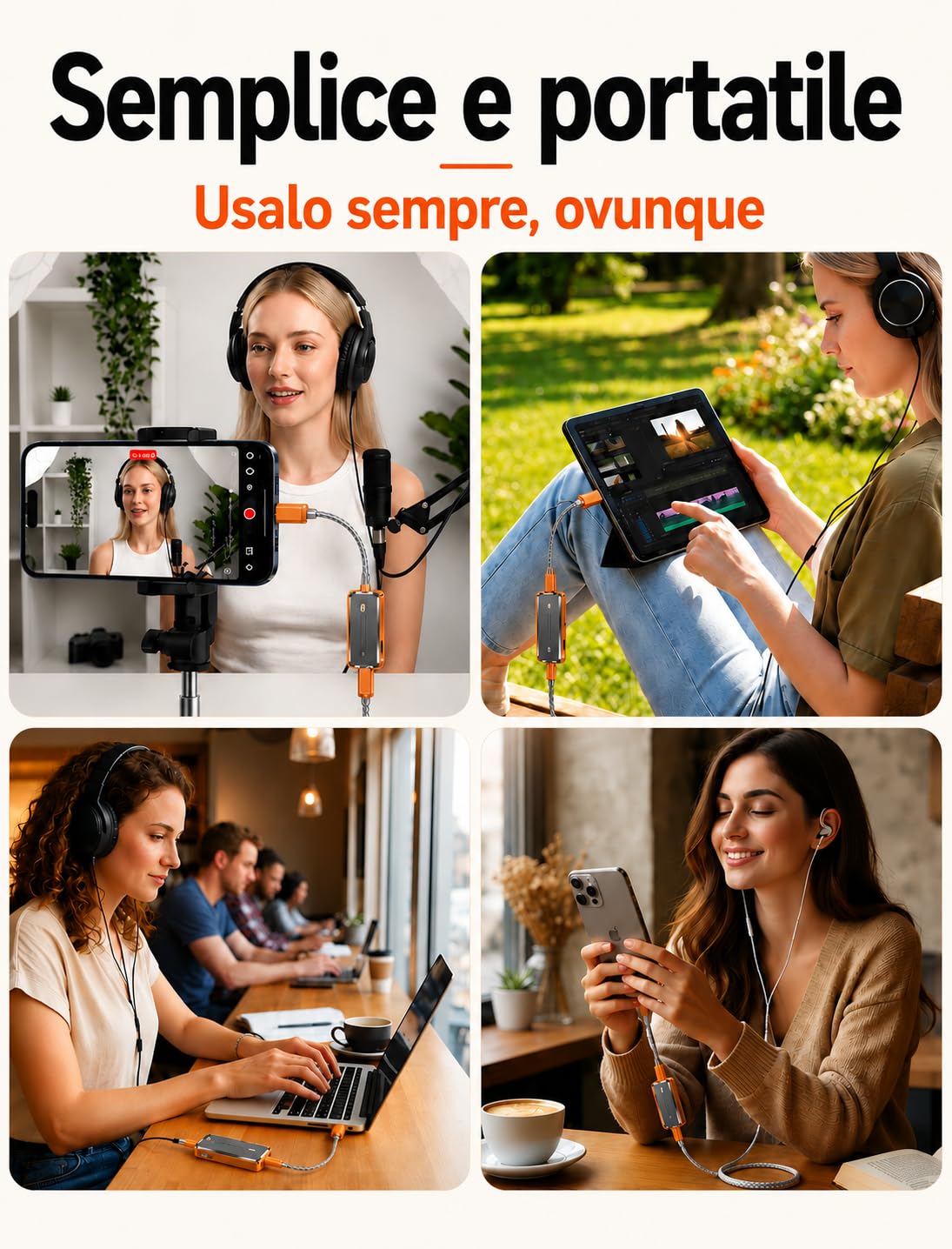 DAC USB C Amplificatore per Cuffie, Dongle DAC Portatile CS43198, Jack 3,5 mm e 4,4 mm, Hi-RES 32 bit/768 kHz, DSD256, Scheda Audio Esterna per IEM, Smartphone, Tablet e PC, Arancione