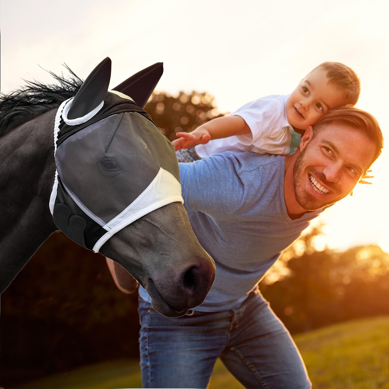 Máscara Anti Moscas para Caballo，Elasticidad Máscara Anti-Moscas Protección con Orejas，Excelente Comodidad con Protección UV，Adecuado para Caballos Afectados por Mosquitos