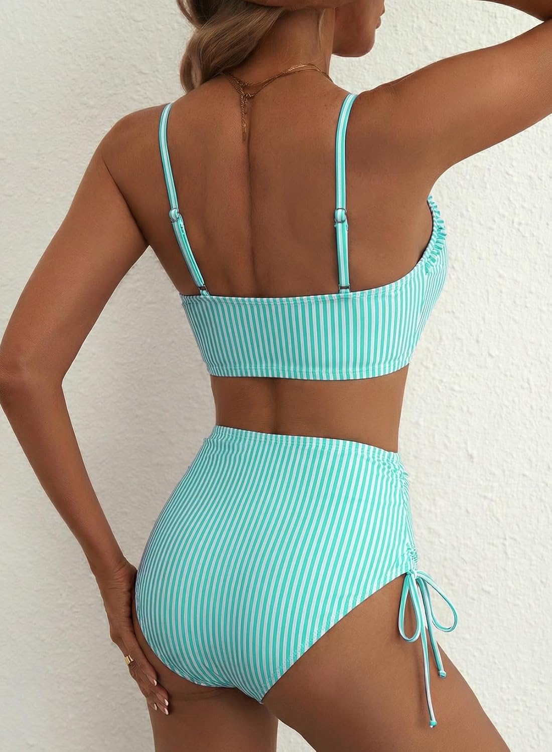 Herseas Women's Splice Ruffle Trim Bikini Sets Tie Side Swimsuits High Waisted Bathing Suits