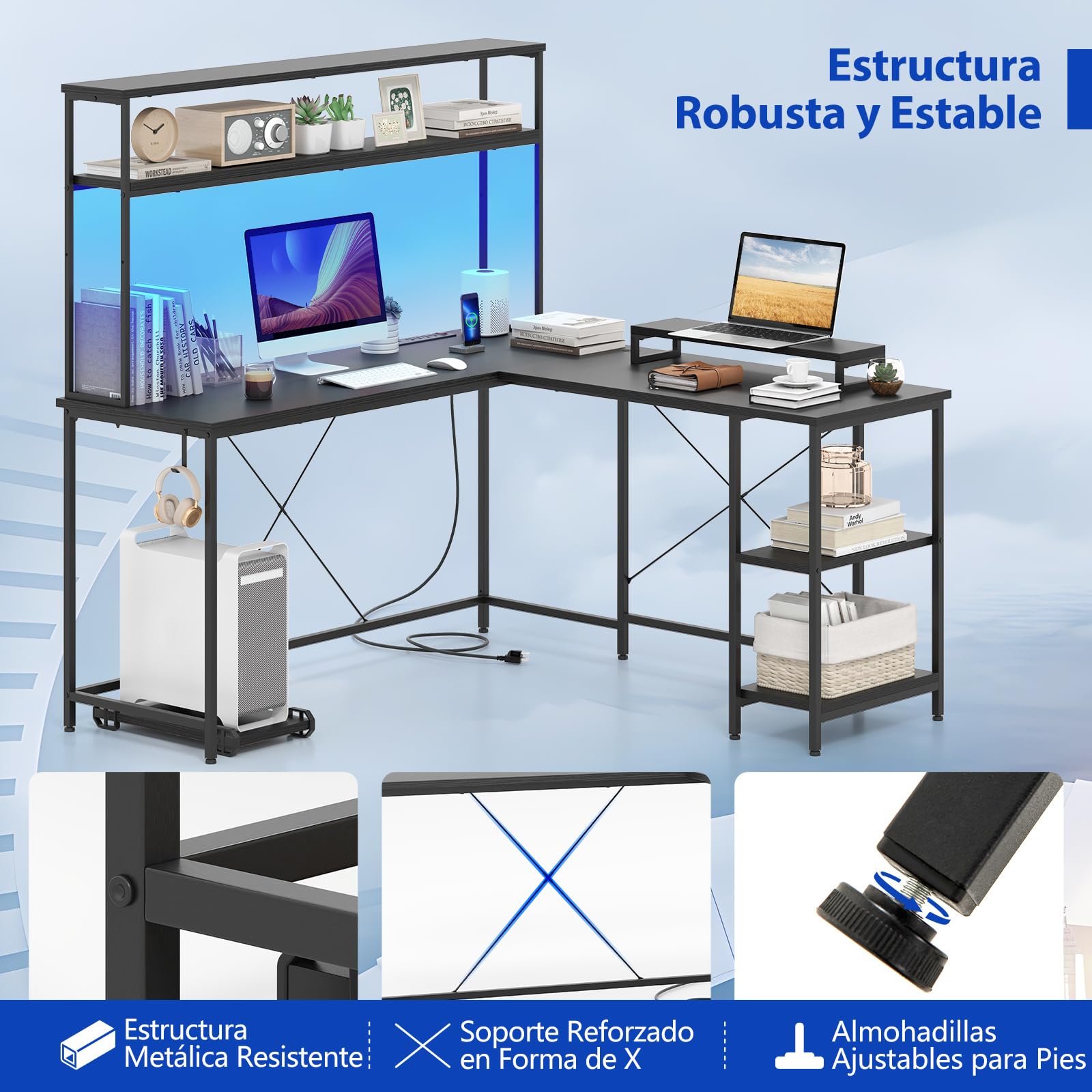 COSTWAY Escritorio Gaming en L con Luces y Enchufe, 145 x 145cm, Escritorio Esquinero Reversible con Estanterias, Soporte para Monitor, Mesa en L Grande para 2 Personas (Negro)