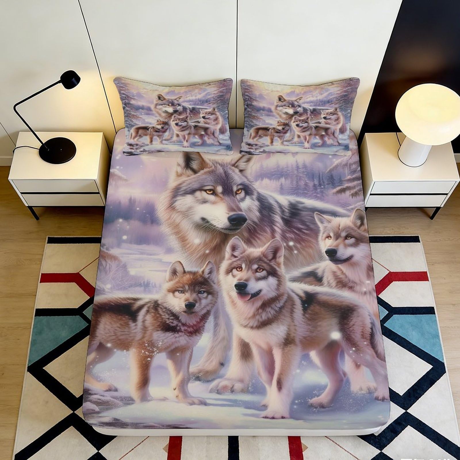 Pnayamiorkfel Style-6 3D Printed Wolf Family Fitted Sheet Microfiber Soft Anti-Slip Snow Forest Bed Cover For Bedroom Guestroom Decor 90X200x25cm