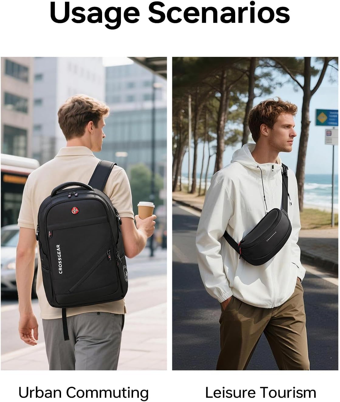 CROSSGEAR 17.3'' Laptop Backpack for Men Women with Crossbody Sling Bag Set, Backpack for Travel with USB-A & USB-C Port, Water-Resistant Business Computer Backpack for Men Work College, Black