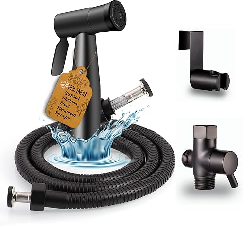 Miniatura 1 de Rociador de bidé para inodoro, rociador de bidé de mano de acero inoxidable con manguera a prueba de fugas de capa Doulbe y válvula en T de latón y